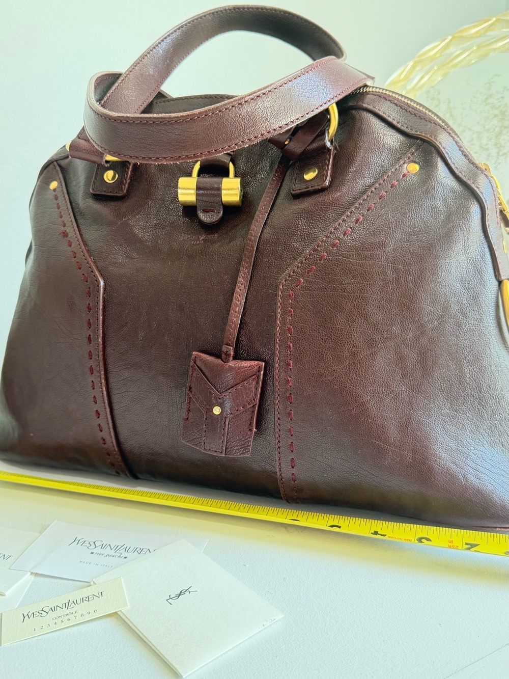 Yves Saint Laurent Deep Burgundy Leather Satchel with Gold Hardware